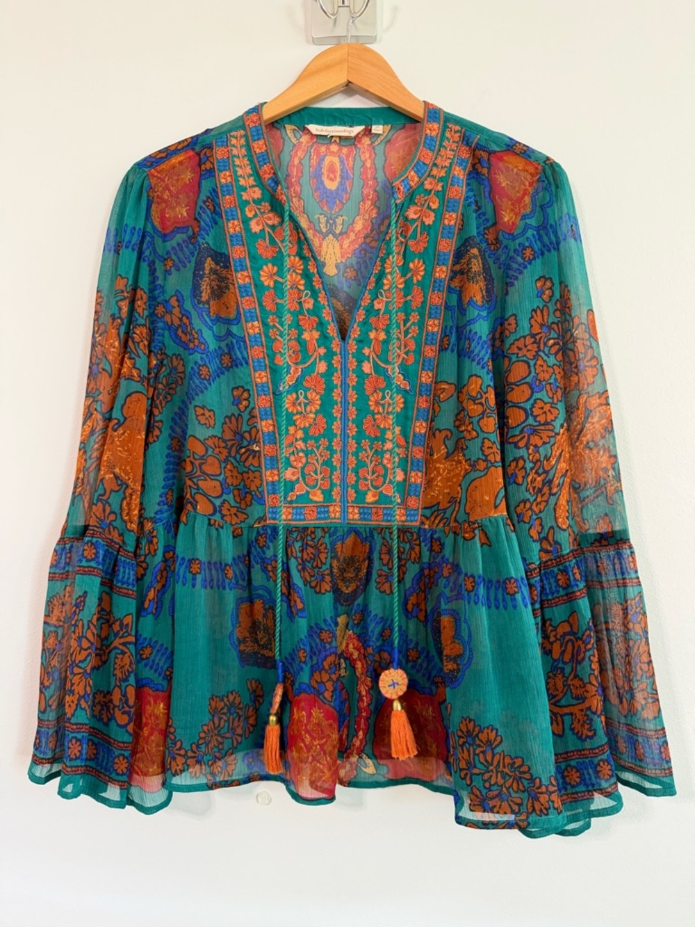 Soft Surroundings Gianetta Embroidered Sheer Floral Boho Tassels Top Size XL
